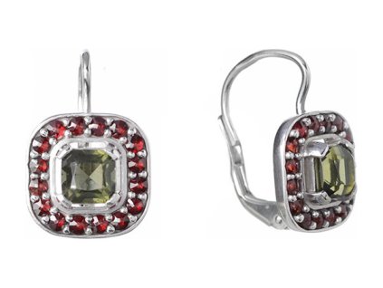 Silver earrings with czech garnet and moldavite, rhodium plated - square                            