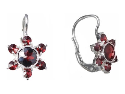 Silver earrings with czech garnet, rhodium plated - flower                                          