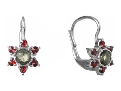 Silver earrings with czech garnet and moldavite, rhodium plated - flower                            