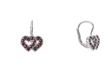 Silver earrings with czech garnet, rhodium plated - heart                                           