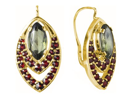 Silver earrings with czech garnet and moldavite, gold plated - oval                                 