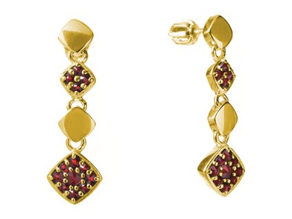 Silver earrings with czech garnet, gold plated - square                                             