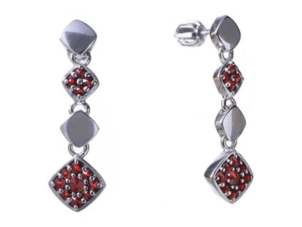 Stříbrné náušnice s českým granátem, rhodiované - čtverec