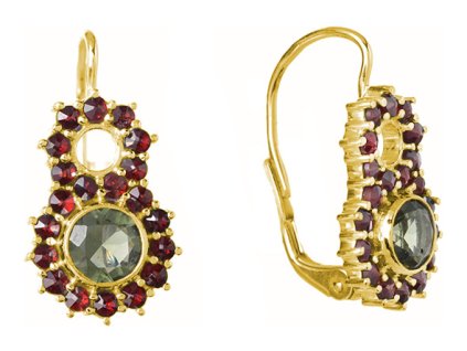 Silver earrings with czech garnet and moldavite, gold plated - flower                               