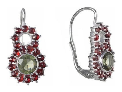 Silver earrings with czech garnet and moldavite, rhodium plated - flower                            