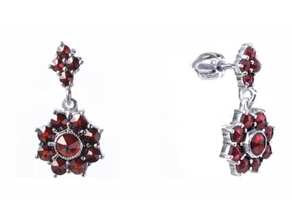 Silver earrings with czech garnet, rhodium plated - flower                                          