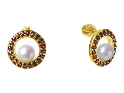 Silver earrings with czech garnet and pearl, gold plated - circle                                   