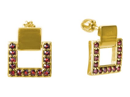 Silver earrings with czech garnet, gold plated - square                                             