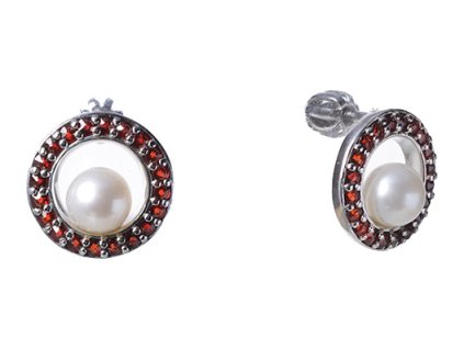 Silver earrings with czech garnet and pearl, rhodium plated - circle                                