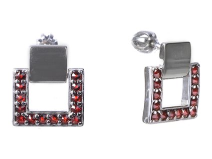 Stříbrné náušnice s českým granátem, rhodiované - čtverec