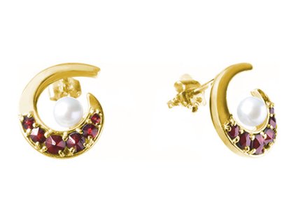 Silver earrings with czech garnet and pearl, gold plated - spiral                                   