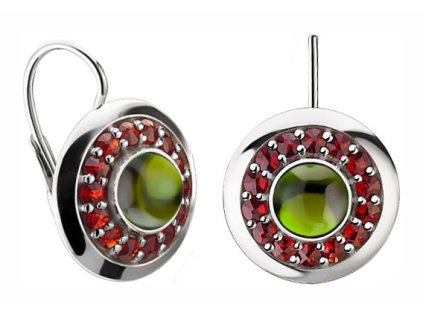 Silver earrings with czech garnet and moldavite, rhodium plated - circle                            