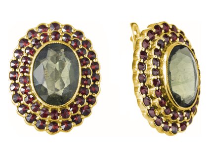 Silver earrings with czech garnet and moldavite, gold plated - oval                                 