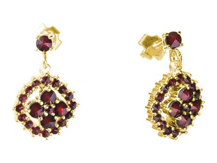 Silver earrings with czech garnet, gold plated - square                                             