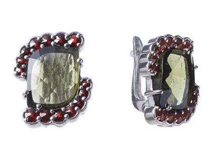 Silver earrings with czech garnet and moldavite, rhodium plated                                     
