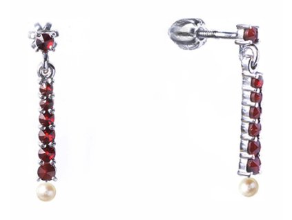 Silver earrings with czech garnet and pearl, rhodium plated - line                                  