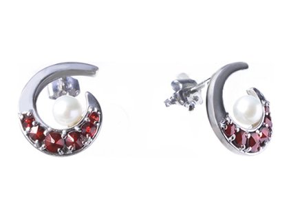 Silver earrings with czech garnet and pearl, rhodium plated - spiral                                