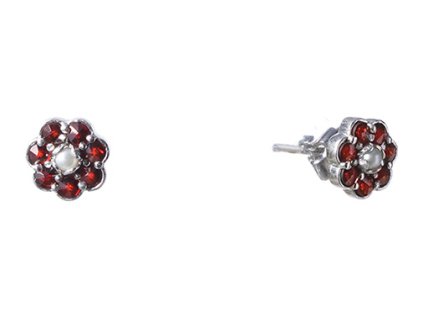 Silver earrings with czech garnet and pearl, rhodium plated - flower                                