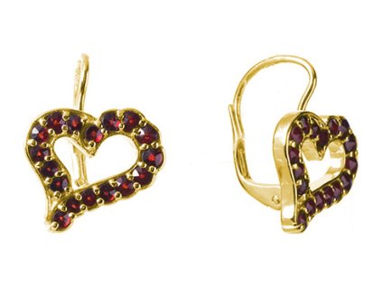 Silver earrings with czech garnet, gold plated - heart                                              