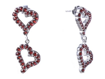 Silver earrings with czech garnet, rhodium plated - heart                                           