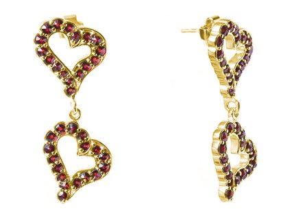 Silver earrings with czech garnet, gold plated - heart                                              