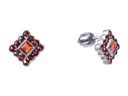 Silver earrings with czech garnet, rhodium plated - square                                          
