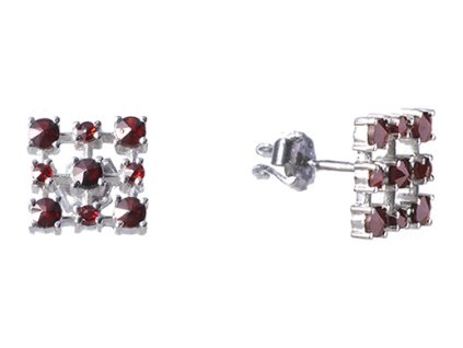 Silver earrings with czech garnet, rhodium plated - square                                          