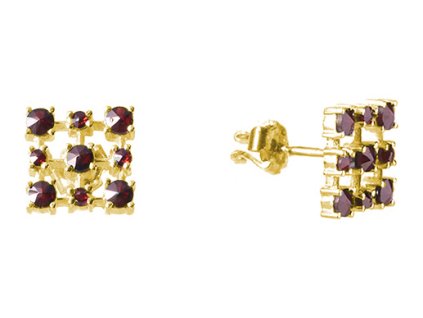 Silver earrings with czech garnet, gold plated - square                                             