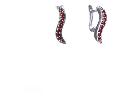 Stříbrné náušnice s českým granátem, rhodiované - vlnka