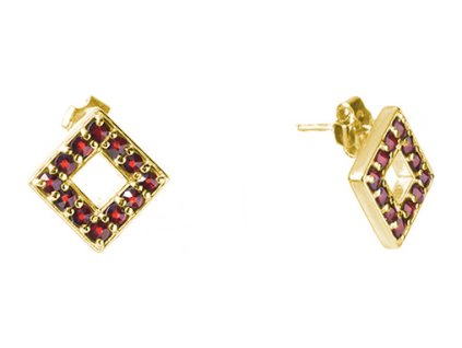 Silver earrings with czech garnet, gold plated - square                                             