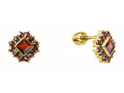 Silver earrings with czech garnet, gold plated - square                                             