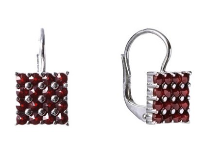 Silver earrings with czech garnet, rhodium plated - square                                          