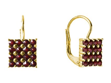 Silver earrings with czech garnet, gold plated - square                                             