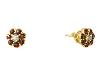 Silver earrings with czech garnet and pearl, gold plated - flower                                   