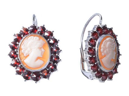 Silver earrings with czech garnet and cameo, rhodium plated - oval                                  
