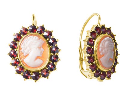 Silver earrings with czech garnet and cameo, gold plated - oval                                     