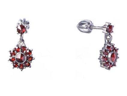 Silver earrings with czech garnet, rhodium plated - flower                                          