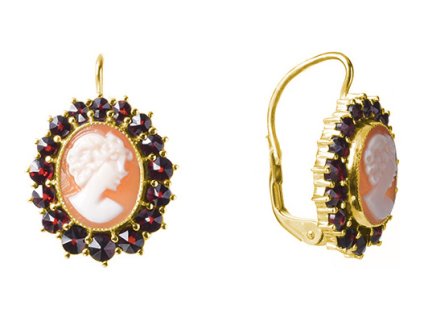 Silver earrings with czech garnet and cameo, gold plated - oval                                     