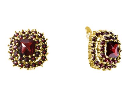 Silver earrings with czech garnet, gold plated - square                                             