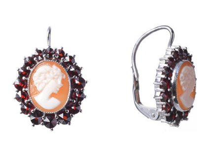 Silver earrings with czech garnet and cameo, rhodium plated - oval                                  