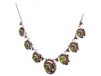 Silver necklace with czech garnet and moldavite, rhodium plated - circle                            