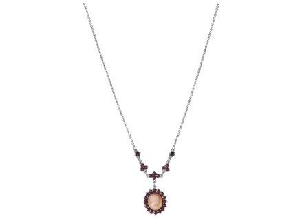 Silver necklace with czech garnet and cameo, rhodium plated - oval                                  