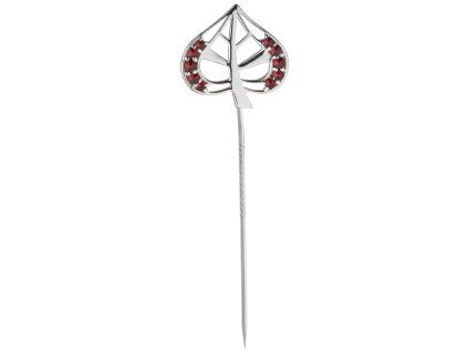 Silver needle with czech garnet, rhodium plated - linden leaf                                       