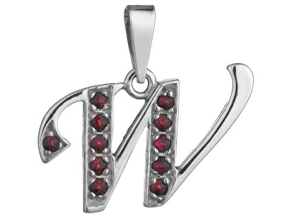 Silver pendant with czech garnet, rhodium plated - letter W                                         