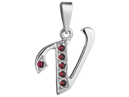 Silver pendant with czech garnet, rhodium plated - letter V                                         