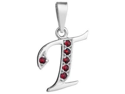 Silver pendant with czech garnet, rhodium plated - letter T                                         