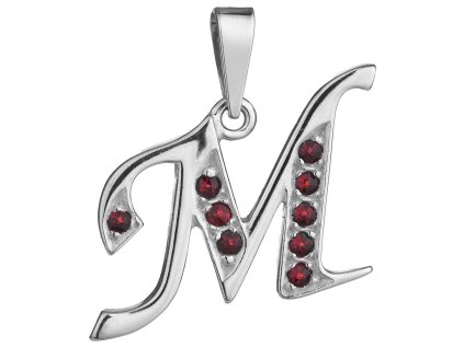 Silver pendant with czech garnet, rhodium plated - letter M                                         