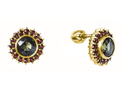 Silver earrings with czech garnet and moldavite, gold plated - flower                               