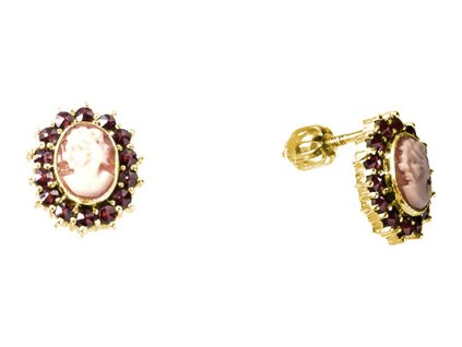 Silver earrings with czech garnet and cameo, gold plated - oval                                     