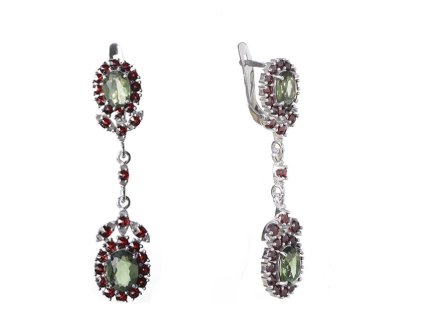 Silver earrings with czech garnet and moldavite, rhodium plated - oval                              